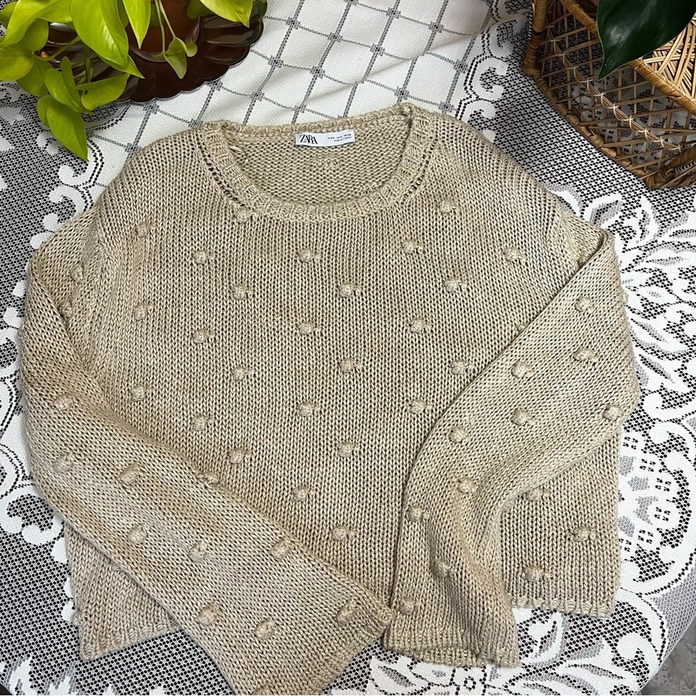 Zara Beige Pom-Pom Knit Crewneck Sweater